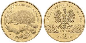 Poland, Republic, 2 Zlote Brass 1996, Hedgehog with young, KM 311, UNC