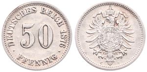 Germany, Empire, Wilhelm I, 50 Pfennig Silver 1876C, Crowned imperial eagle, KM 6, XF