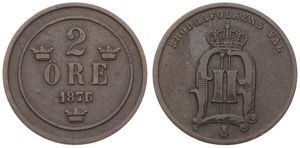 Sweden, Kingdom, Oscar II, 2 Ore Bronze 1876/5, Crowned Monogram, KM 735, SCARCE OVERSTRIKE, VF