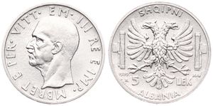 Albania, Italian Occupation WWII, Vittorio Emanuele III, 5 Lek Silver 1939R, Head left, KM 33, A.XF