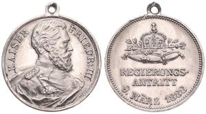 Germany, Empire, Medal in Copper-Nickel 1888, Regieringsantritt 9 Marz 1888, Uniformed bust of Friedrich III right / Crown and staff above legend, XF