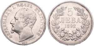 Bulgaria, Principality, Ferdinand I, 5 Leva Silver 1892KB, Bearded head left, KM 15, VF