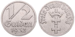Danzig, Free City, 1/2 Gulden Nickel 1932, Crowned arms, KM 153, XF (coin has been varnished !)