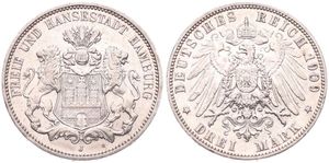 German States, Hamburg, Free City, 3 Mark Silver 1909J, Helmeted arms with lion supporters, KM 296, XF 