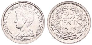 Netherlands, Kingdom, Wilhelmina I, 25 Cents Silver 1919, Crowned bust left, KM 146, XF