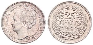 Netherlands, Kingdom, Wilhelmina I, 25 Cents Silver 1944P, Head left, KM 164, UNC