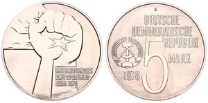 Germany, Democratic Republic, 5 Mark Copper-Nickel 1978, International Anti-Apartheid Year, KM 68, UNC