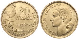 France, Republic, 20 Francs Aluminum-Bronze 1950B, Head left - Rooster (3 plumes), KM 916.2, A.UNC