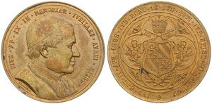 Italian States, Papal States, Pius IX, Medal in Bronze 1877 by CH. Wiener, Jubilee & In Memoriam, Bust of the Pope right / Papal arms within circle, XF