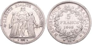France, Second Republic, 5 Francs Silver 1848BB, Hercules Group, KM 756.2 (Strasbourg), A.VF