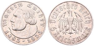 Germany, Third Reich, 5 Reichsmark Silver 1933A, 450th Anniversary of the Birth of Martin Luther, KM 80, VF