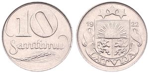 Latvia, First Republic, 10 Santimu Nickel 1922, National arms above ribbon, KM 4, UNC