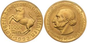 Germany, Emergency Coinage, Westfalen, 10.000 Mark Brass 1923, Head of Minister vom Stein left / Roaring horse above value and date, A.UNC