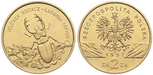 Poland, Republic, 2 Zlote Brass 1997, Jelonek Rogacz - Stag beetle, KM 329, UNC