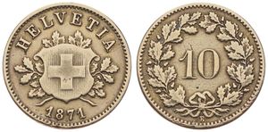 Switzerland, Confederation, 10 Rappen Billon 1871, Cross in shield within sprigs, KM 6, Fine (edgenick)