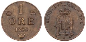Sweden, Kingdom, Oscar II, 1 Ore Bronze 1888, Crowned Monogram, KM 750, XF