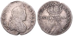 France, Kingdom, Louis XV, 20 Sols (1/6 Ecu) Silver 1719A, Young laureate bust right, KM 440.1 (Paris), Fine