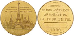 France, Republic, Medal in Gilt Copper 1889, Inauguration of the Eiffel Tower - View on the city of Paris / Souvenir de mon ascension au sommet de la Tour Eiffel, A.UNC