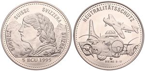 Switzerland, Confederation, 5 Ecu Copper-Nickel 1995, Female bust left - Matterhorn behind, KM NL, UNC