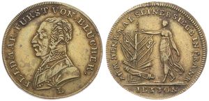 Germany, Empire, Token in Brass ND, Siege von Feldmar Furst von Blucher in Frankreich , Uniformed bust left / Woman holding flags waling left, XF