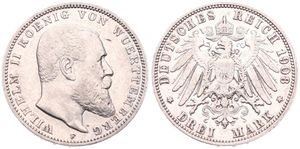German States, Wurttemberg, Wilhelm II, 3 Mark Silver 1908F, Bearded head right, KM 635, VF
