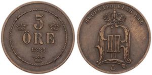 Sweden, Kingdom, Oscar II, 5 Ore Bronze 1883, Crowned Monogram, KM 736, VF