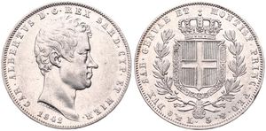 Italian States, Sardinia, Carlo Alberto, 5 Lire Silver 1842 P, Bust right, KM 113.3, XF !!