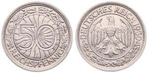 Germany, Weimar Republic, 50 Reichspfennig Nickel 1930E, Denomination within lined circle, KM 49, XF