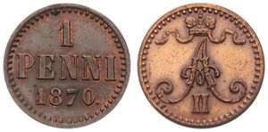 Finland, Grand Duchy, Alexander II, 1 Penni Copper 1870, Crowned Monogram, KM 1.1, XF (obverse has been cleaned)