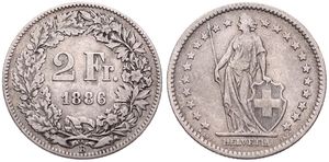 Switzerland, Confederation, 2 Francs Silver 1886, Standing Helvetia, KM 21, VF