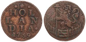 Netherlands, Holland Province, 1 Duit Copper 1739, Standing lion holding spear, KM 80, Fine