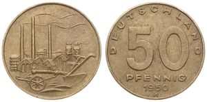 Germany, Democratic Republic, 50 Pfennig Aluminum-Bronze 1950A, Buildings with tall smokestacks, KM 4, XF