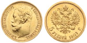 Russia, Empire, Nicholas II, 5 Roubles Gold 1901, Head left / Crowned imperial double headed eagle holding orb and scepter, KM 62, XF (*)