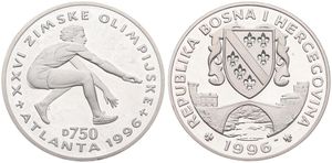 Bosnia-Herzegovina, Republic, 750 Dinara Silver 1996, Olympics - Long Jumper right, KM 56, Proof