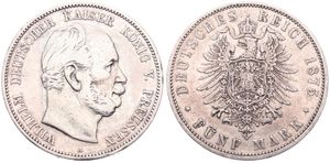 German States, Prussia, Wilhelm I, 5 Mark Silver 1875A, Bearded head right, KM 503, A.VF