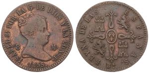 Spain, Kingdom, Isabel II, 8 Maradevis Copper 1855 BA, Head of Isabel II right, KM 531.1, VF
