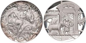 Italy, Republic, Medal in Silver 2000 by Maria Carmela Colaneri, EMC Medal, The Holy Year - The Pope opens the gate ' Porta Santa ' / Europe and Bull, PROOF 
