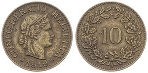 Switzerland, Confederation, 10 Rappen Brass 1918, Crowned head right, KM 27a, KEY DATE, VF