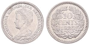 Netherlands, Kingdom, Wilhelmina I, 10 Cents Silver 1925, Crowned bust left, KM 145, XF