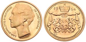 Luxembourg, Grand Duchy, Charlotte, 40 Francs Gold 1964, Grand Duchess Charlotte facing left, KM X M5, UNC (*)
