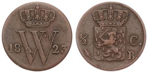 Netherlands, Kingdom, William I, 1/2 Cent Copper 1823B, Crowned arms, KM 51 Brussels, A.VF