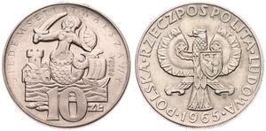 Poland, Probas Coins : 10 Zlotych Copper-Nickel 1965, Mermaid holding sword and shield flanked by ship and Castle, KM Pr 133, UNC