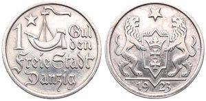 Danzig, Free City, 1 Gulden Silver 1923, Ship and Star divide denomination, KM 145, XF