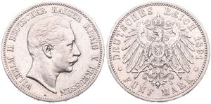 German States, Prussia, Wilhelm II, 5 Mark Silver 1891A, Head right, KM 523, VF