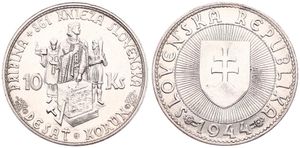 Slovakia, Republic, 10 Korun Silver 1944, Standing figures facing - With cross atop church held by left figure, KM 9.1, UNC