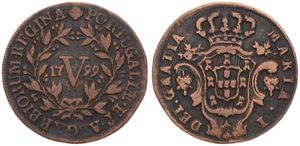 Portugal, Kingdom, Maria I, 5 Reis Copper 1799, Crowned arms in baroque frame, KM 305, F/VF