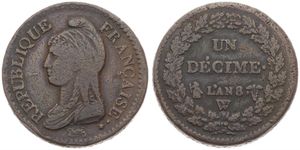 France, First Republic, 1 Decime Bronze LAN 8W (1799-1800), Liberty head left, KM 644.11, (Lille), VF