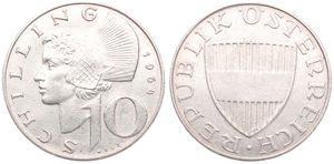Austria, Republic, 10 Schilling Silver 1964, Woman of Wachau facing left, KM 2882, KEY DATE, XF