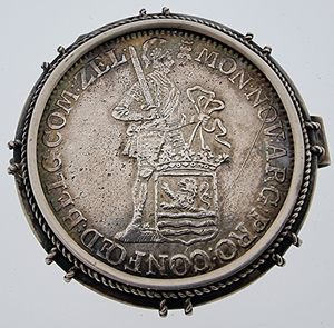 Netherlands, Zeeland Province, 1 Ducat Silver 1773, Standing knight behind shield holding sword / Crowned arms flanked by date, KM 52.4, VF, Used as a broche !