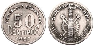 Spain, Civil War, Asturias and Leon, 50 Centimos Copper-Nickel 1937, Crossed tools, KM 1, VF (coin is slightly bended)